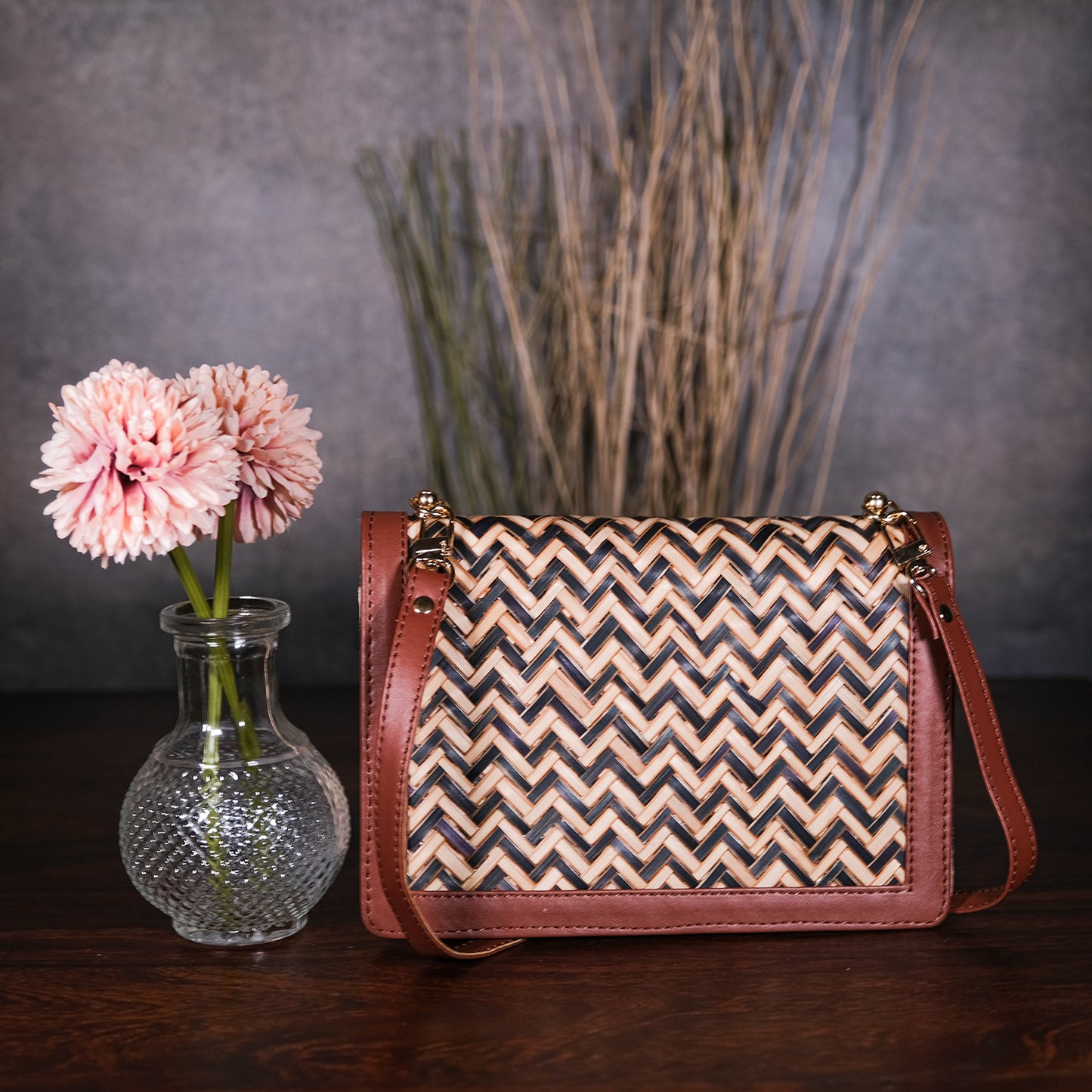 Chevron Ladies Sling Bag - Black & Biege